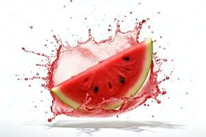Watermelon and juice splash isolated on white background. Generative Ai photo