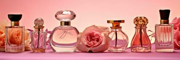 grupo de diferente perfume botellas y dechado en un rosado floral antecedentes. perfumería recopilación. generativo ai foto
