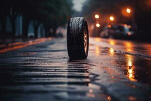 Car tire on wet roadway. Generative AI photo
