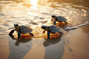 anfibio. muchos bebé tortugas en el arenoso playa y gatear a el océano. mar criaturas generativo ai foto