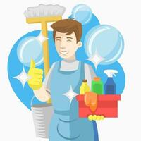 Man Cleaner in uniform with box of detergents and instruments for mopping and cleaning, with water bubbles on the background - vector image