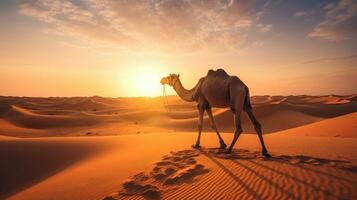 A camel in the desert Dubai, United Arab Emirates, beautiful sky at sunrise. Generative Ai photo