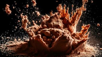 Explosion of cocoa powder with lumps on black background. Generative Ai photo