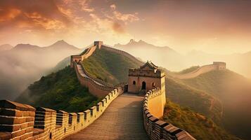 asombroso, genial pared de China brumoso Mañana amanecer. generativo ai foto