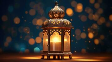 ornamental Arábica linterna con ardiente vela brillante a noche. festivo saludo tarjeta, invitación para musulmán santo mes Ramadán kareem generativo ai foto