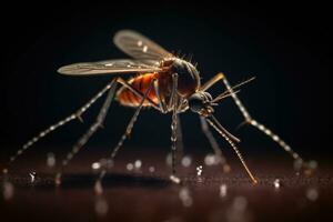 Aedes mosquito that carries dengue fever, Zika virus is sucking blood on a person's skin. Mosquitoes are carriers of dengue fever and malaria. Chikungunya, Mayaro, Yellow fever. Generative Ai photo