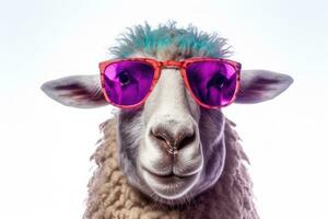 A sheep, Colorful of funny sheep wearing sunglasses isolated on white background. Generative AI photo