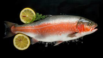 Fresh Salmon fish with lemon on ice. Salmon fish. Generative Ai photo