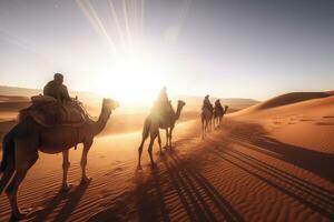 árabes con camellos excursión en el Sáhara Desierto con guiado beréber dubai excursión en Mañana. amanecer. generativo ai. foto