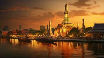 wat arun en puesta de sol a Bangkok, Tailandia. punto de referencia, chao phraya río. generar ai foto