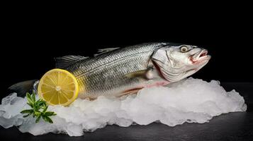 Fresh sea bass fish with lemon on ice. Sea bass fish. Generative Ai photo