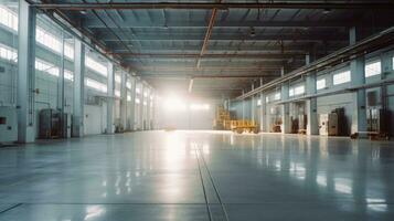 Empty of Modern factory for manufacturing production plant or large warehouse. Polished concrete floor clean condition and space for industry product. Generative Ai photo