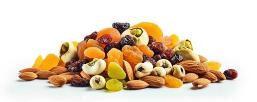 Footer of mix dry fruit on white background, AI Generated photo