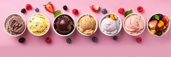 Ice Cream, Set of bowls with various colorful Ice Cream scoops with different flavors and fresh ingredients on pink background. Generative Ai photo