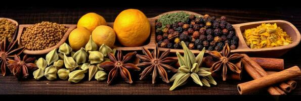 Set of Traditional spices anise, star anise. Ingredients for cooking many dishes. Spices and herbs for cooking. Generative Ai photo