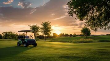 A Golf car, Golf cart car in fairway of golf course with fresh green grass field and cloud sky and tree at sunset. Generative Ai photo