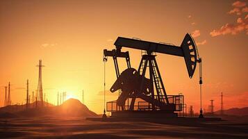 Silhouette of Crude oil pumpjack rig on desert silhouette in evening sunset, energy industrial machine for petroleum gas production. Generative Ai photo