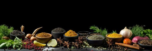 Wide variety spices and herbs on background of black table, with empty space for text or label. Spices and herbs for cooking. Generative Ai photo