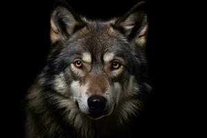 Adult wolf on black background. Generative AI. photo