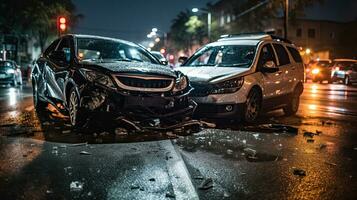 auto accidente involucrando dos carros en un ciudad calle a noche. seguro cobertura concepto. generativo ai foto