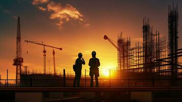 Silhouette of Engineer and worker checking project at construction site at sunset. Generative Ai photo