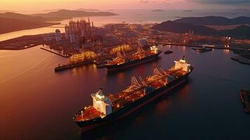 Aerial view of  Refinery Industry cargo ship in import export, LPG, oil refinery, Logistics and transportation with working crane bridge in harbor. Generative Ai photo