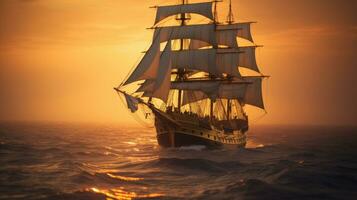 Barque ship in the ocean at sunset. Generative Ai photo