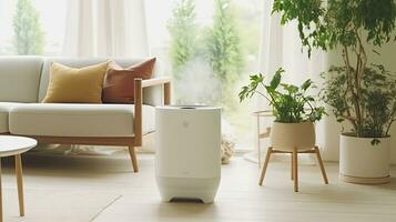 Air purifier in cozy white living room for filter and cleaning removing dust PM2.5 HEPA and virus in home, Air Pollution Concept. Generative ai photo