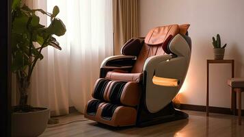 A Massage machine chair full body for relaxation, and helps to relieve pain and improve blood circulation. electric massage chair. Generative Ai photo