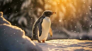 un pingüino en un Nevado paisaje. juguetón, contento animal. generativo ai foto