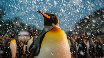 A king penguin gazes skyward as snow falls gently. In the background, other members of the penguin colony also enjoy the rare South Georgia summer snow. Generative Ai photo