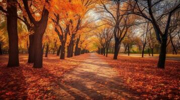 otoño bosque camino. naranja color árbol, rojo marrón arce hojas en otoño ciudad parque. generativo ai foto