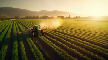 Aerial view of Tractor Spraying Pesticides on Green Soybean Plantation at Sunset. Tractor Spraying Pesticides. Generative Ai photo