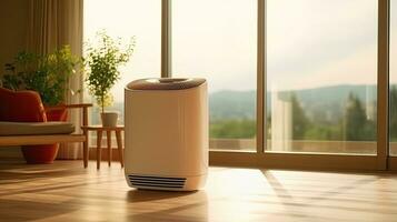 Air purifier on wooden floor in comfortable home. Fresh air and healthy life. Air Pollution Concept. Generative ai photo