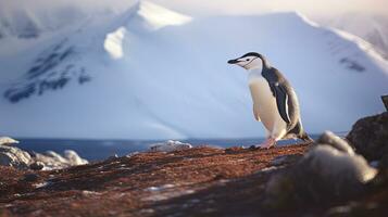 un Correa de la barbilla pingüino camina precariamente a lo largo el cresta de muralla exterior cabeza en engaño isla en Antártida, alto encima el glacial Oceano abajo. generativo ai foto