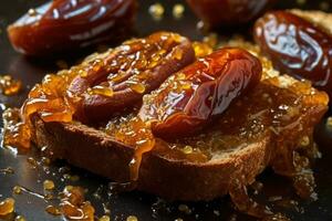 Saudi Arab Dates toast, macro shot of a fresh breakfast with Dripping Honey, AI Generated photo