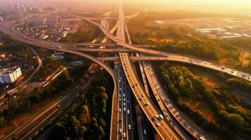 aéreo ver de Autopista, la carretera tráfico un importante infraestructura de el capital. generativo ai foto