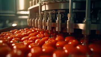 Tomato juice filling machine in industrial plants. Generative Ai photo