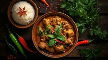 Top view of Spicy thai curry with pork meat serving with rice and decorating with herbal vegetable ingredients like chili and eggplant on the wooden floor background. Thai food. Generative Ai photo