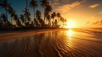 Beautiful beach with coconuts trees at sunset. Generative Ai photo