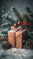 un Navidad historia de abeto ramas y sorpresa regalos, ai generado foto