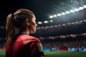 de cerca de un mujer Copa Mundial fútbol americano noche fósforo, generativo ai foto