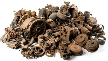 The concept of a world without war. Old rusty scrap metal military equipment in a pile, white isolate background. photo