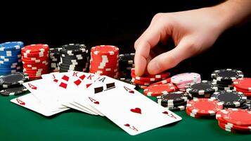 Players hands hold cards play poker, green table, casino chips. Fun holiday at resort. AI generated. photo