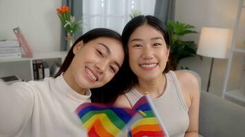 Young Asian women couple is taking a picture together. .Couples and LGBT conceptual. photo