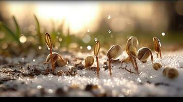 germinando semillas de vegetal en el tierra debajo nieve en invierno, ai generado foto