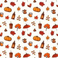 Seamless pattern orange autumn. Hello, Fall. Pumpkins, leaves, nuts, birds, cup, teapot, red umbrella. Vector on white. Bright background. Autumn card. Print textiles, clothing, stationery, notebooks