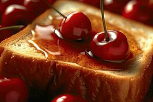 cherry toast, macro shot of a fresh breakfast with Dripping Honey, AI Generated photo