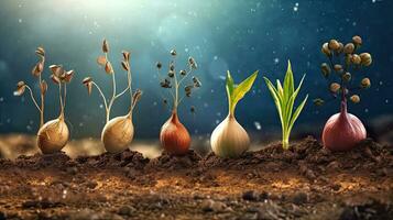 Germinating Seeds of Vegetable on the Earth in various seasons, AI Generated photo