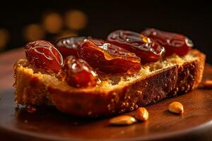 Saudi Arab Dates toast, macro shot of a fresh breakfast with Dripping Honey, AI Generated photo